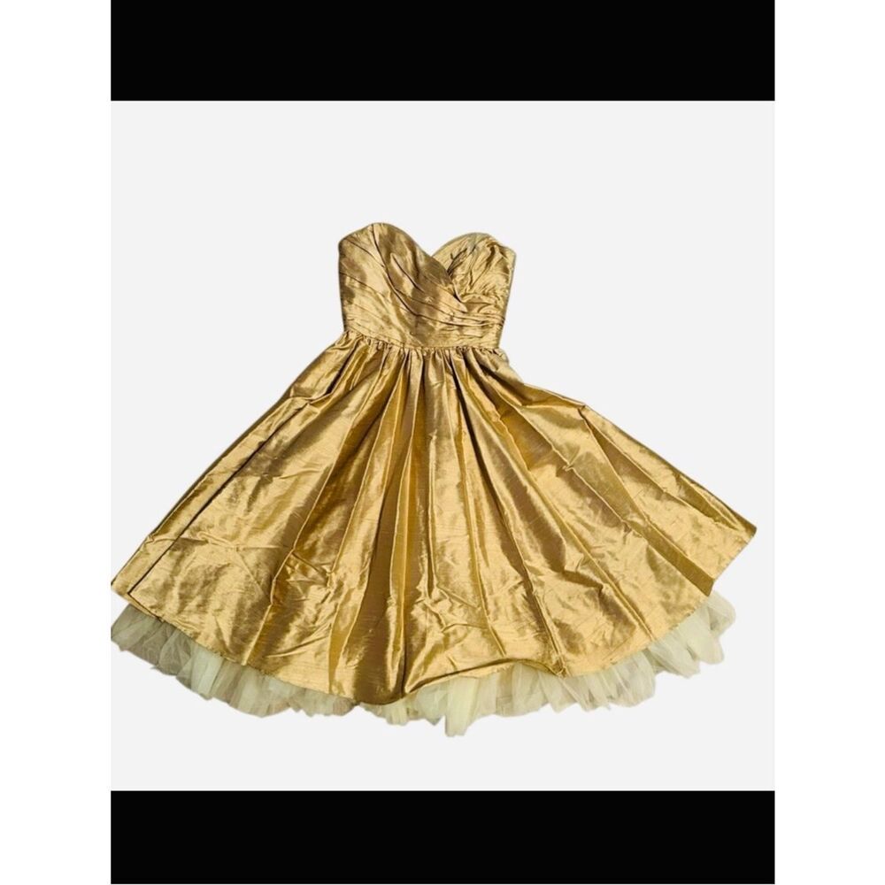 50s Silk Gold Metallic Strapless Dress Retro Tulle Full ABS 2 Party Y2K Prom